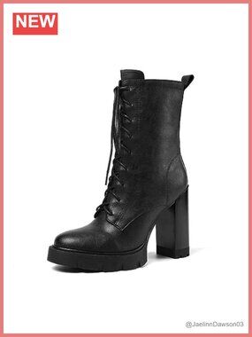 Genuine Leather High Heel Ankle Combat Boots Lace-up